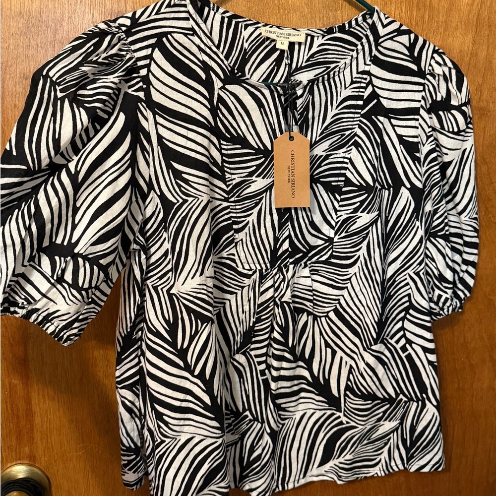 Christian Siriano Black & White Leaf-Print Puff Sleeve Blouse